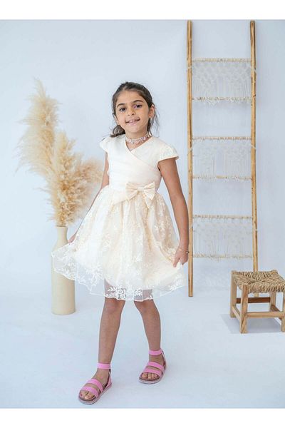 Stayele Elegant Cream Floral Lace Dress for Girls