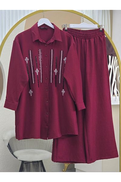 Modamorfo Buttoned Front Sequined Trousers Suit - Burgundy