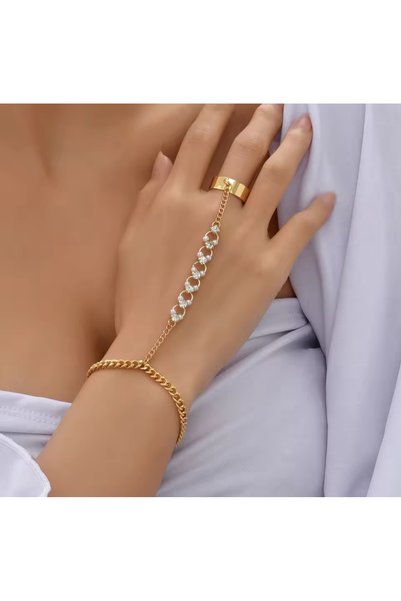 Girift Vintage Silva Gold Taşlı Zincirli Şahmeran El Takısı - El Aksesuarı