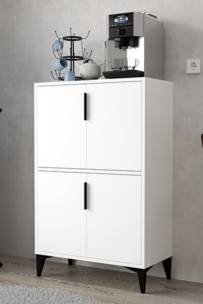 Evmo Home 1401 Ada Çok Amaçlı Dolap , Kahve Köşesi , Kiler Dolabı , Mutfak Standı 4 Kapılı , Bölmeli , Beyaz