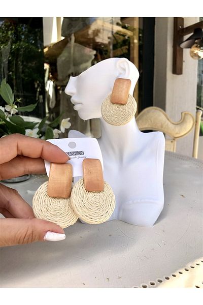 Gözde Tasarım Butik Women Natural Beige Color Summer Hook Wheat Earrings 6 cm