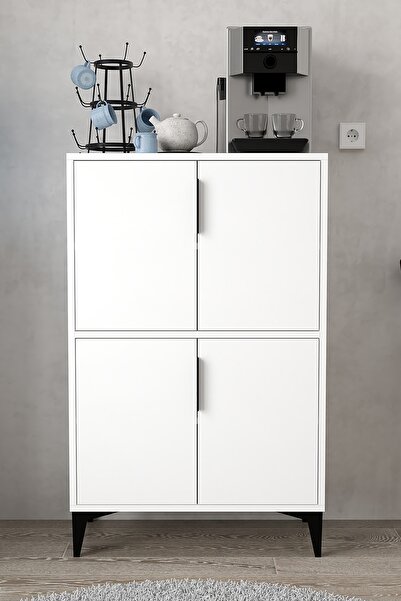 Evmo Home 1401 Ada Çok Amaçlı Dolap , Kahve Köşesi , Kiler Dolabı , Mutfak Standı 4 Kapılı , Bölmeli , Beyaz