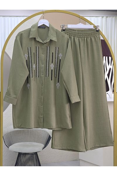 Modamorfo Buttoned Front Sequined Trousers Suit - Khaki