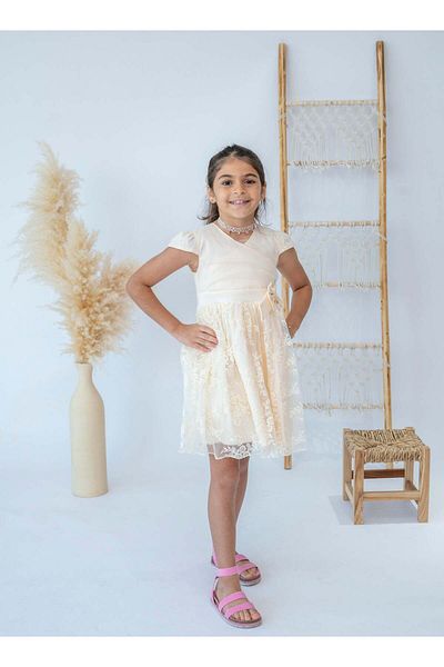 Stayele Elegant Cream Floral Lace Dress for Girls