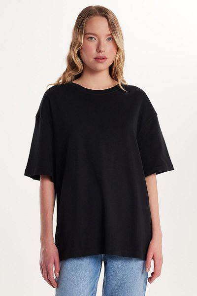 Tudors Tricou negru cu mânecă scurtă, cu decolteu, cu mânecă scurtă, pentru femei