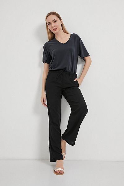 Arma Life Women's Elastic Waist Linen Look Loose Black Trousers