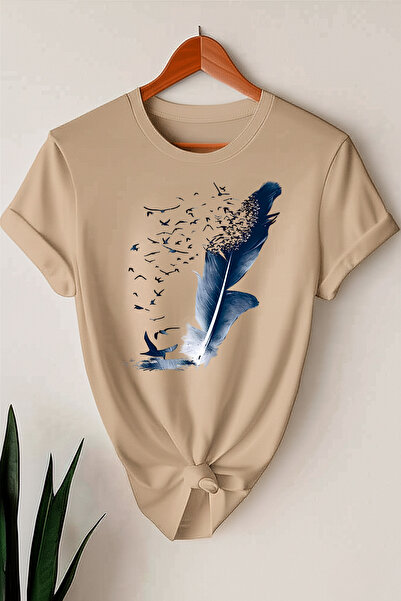 coolart Kuş Tüyü Tişört - Bej Baskılı Oversize Yazlık Kısa Kol T-Shirt Bisikl...