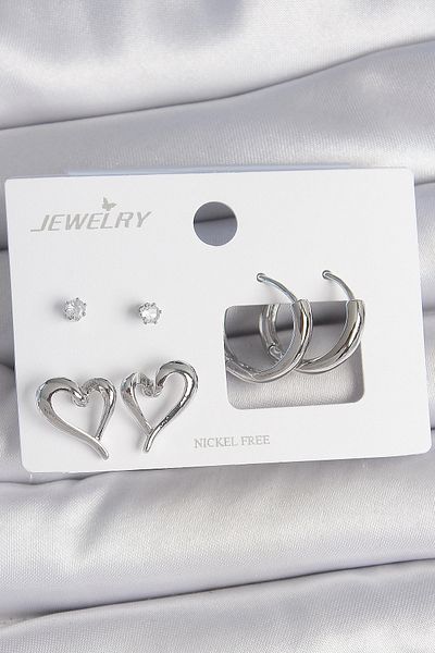 Skygo Brass Silver Color Zircon Stone Ring Model Heart Detail 3 Pairs Women Earrings Set - Tj-Bkp10607