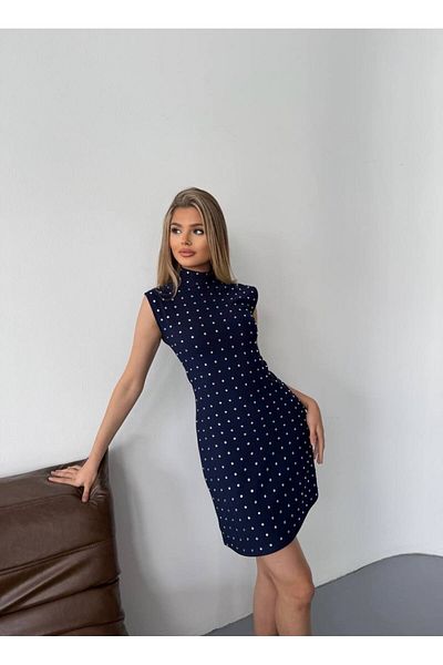 İLKCET MODA Γυναικείο Οθωμανικό Μίνι Φόρεμα Stoned Navy Blue
