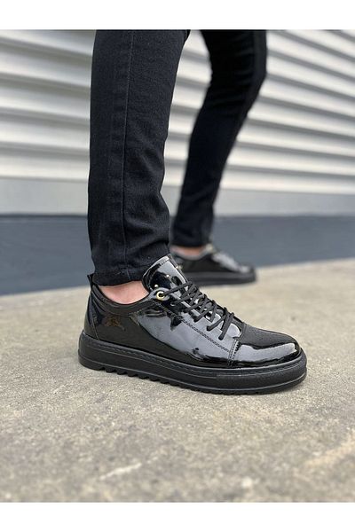 Joy Ayakkabı Jy152 Cool Lace-Up Patent Leather Men's Casual Sports Classic Shoes Rst - Black
