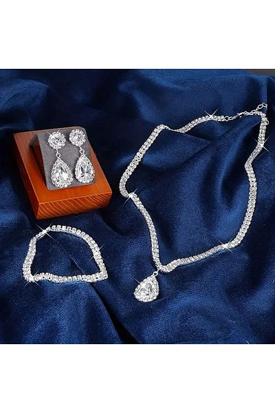 FM Sparkling Silver Color Crystal Stone Necklace, Earrings and Bracelet Set - Elegant and Shiny Design