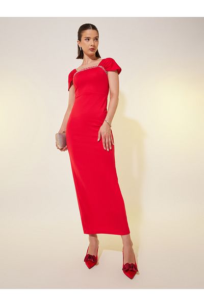 Styli Embellishment Trim Short Sleeve Sheath Maxi Dress