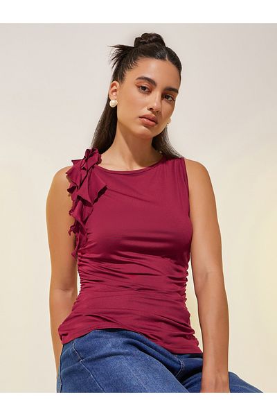 Styli Solid Sleeveless Shoulder Ruffled Detail Top