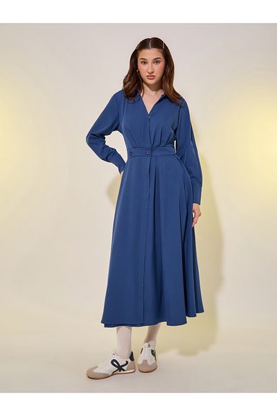 Styli Solid Long Sleeve Wrap Look A-Line Midi Dress