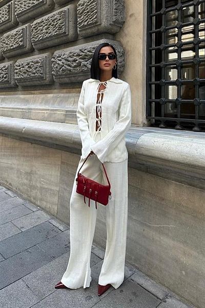 RICHMOST Women's Ribbed Suit with Rope Binding Detail and Standard Size Long Sleeve Wide Leg (2 Pieces) Ecru