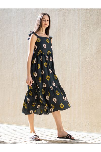 Sanskrutihomes By Styli All-Over Print Ruffle Trim A-Line Knee-Length Dress