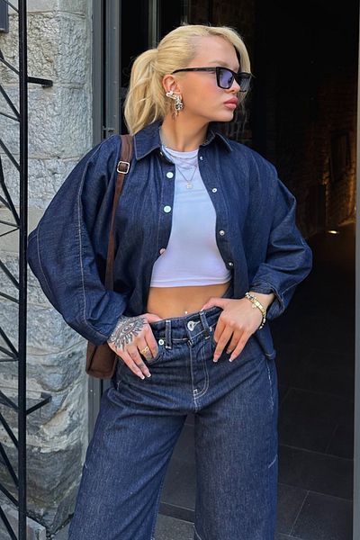 VAGGON Women's Navy Blue Bat Sleeve Placket Oversize Shirt Jacket V00011-B