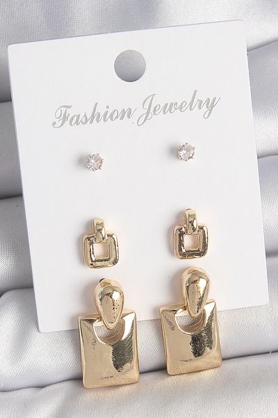 Clariss Brass Gold Color Zircon Stone Dangle Square Model 3 Pairs Women's Earring Set - Tj-Bkp10620