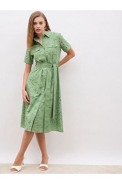 Styli Schiffli Short Sleeve Shirt Midi Dress with Belt Detail