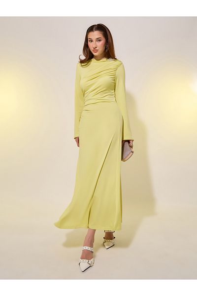 Styli Solid Bell Sleeves A-Line Midi Dress with Corsage Detail