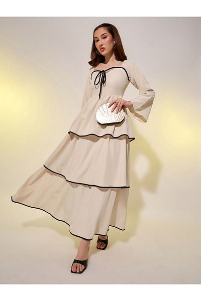 Styli Beige Contrast Trim Bell Sleeves Tiered Maxi Dress