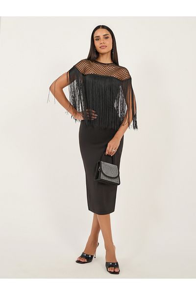 Styli Plain Black Mesh Inserted Bodycon Midi Dress