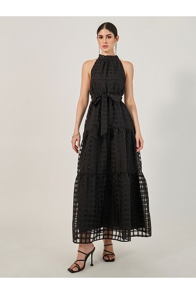 Styli Mesh Inserted Halter Neck Tiered Maxi Dress