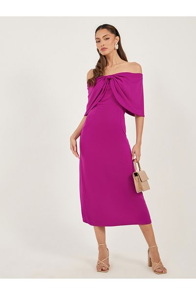 Styli Magenta Off-the-Shoulder Midi Sheath Dress