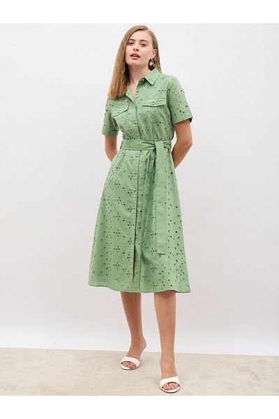 Styli Schiffli Short Sleeve Shirt Midi Dress with Belt Detail