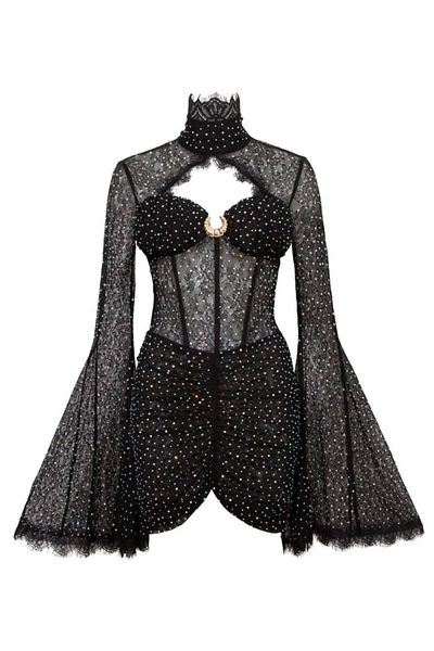 FLAST Women's Black Special Stone Detailed Polka Dot Lace Fabric Balloon Sleeve Afro Special Design Mini Dress