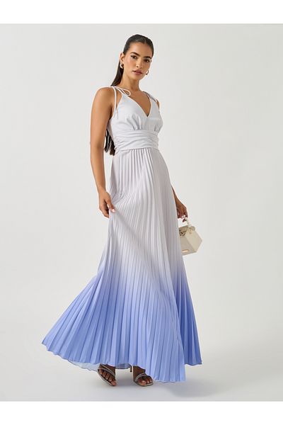 Styli Ombre V Neck Pleated A-Line Maxi Dress