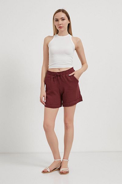Arma Life Women's Elastic Waist Muslin Basic Summer Burgundy Shorts