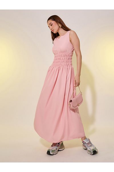 Styli Solid Smocked Waist Sleeveless A-Line Midi Dress