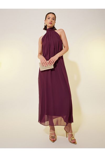 Styli Solid Sleeveless Halter Neck A-Line Maxi Dress