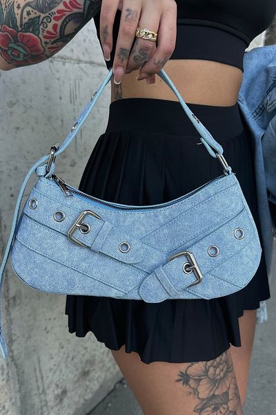 VAGGON Women's Blue Belt Detailed Baguette Denim Bag V00026-C