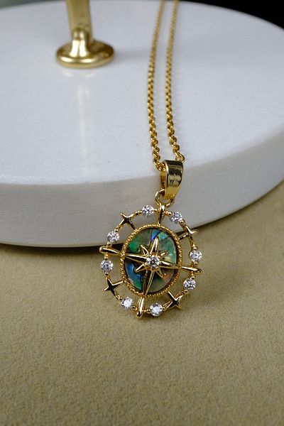 Zalifra Minimal Series, Stylish and Elegant Steel Necklace with Rhinestone and Colorful Floor Detail, Polar Star Figure