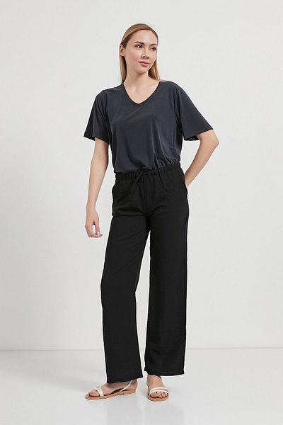 Arma Life Women's Elastic Waist Linen Look Loose Black Trousers