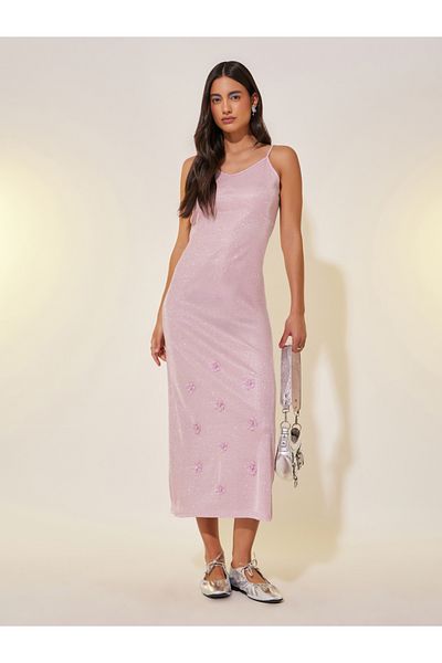 Styli Metallic Strappy Sheath Midi Dress with Corsage Detail