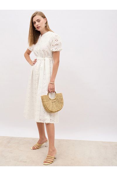 Styli Schiffli Puff Sleeves Belted Shirt Midi Dress