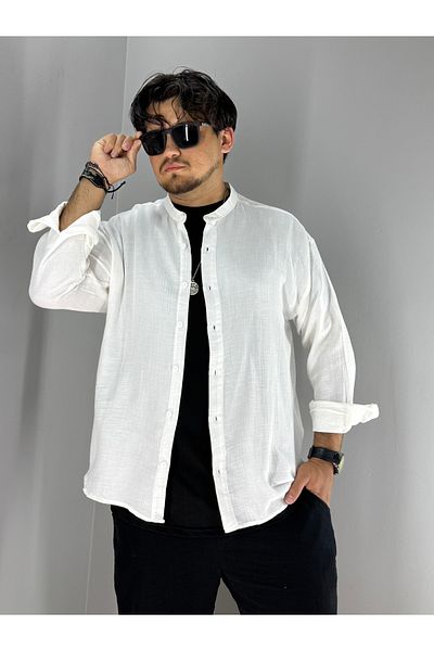 MARESHAL Muslin Fabric Comfortable Oversize Judge Collar Shirt (Khaki)