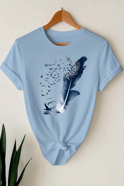 coolart Kuş Tüyü Tişört - Bebe Mavi Baskılı Oversize Yazlık Kısa Kol T-Shirt ...
