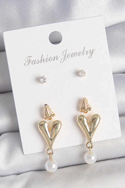 Epilons Brass Gold Color Zircon Stone Pearl Dangle Heart Model 3 Pairs Women'...