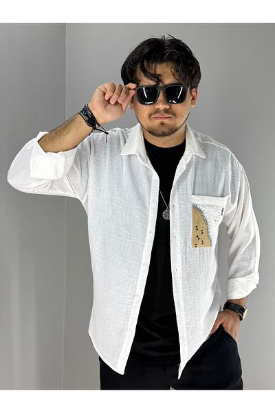 MARESHAL Embroidery Straw Pocket Detailed Oversize Shirt (White)