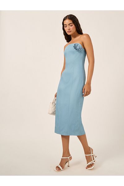 Styli Plain Strapless Sheath Midi Dress with Corsage Detail