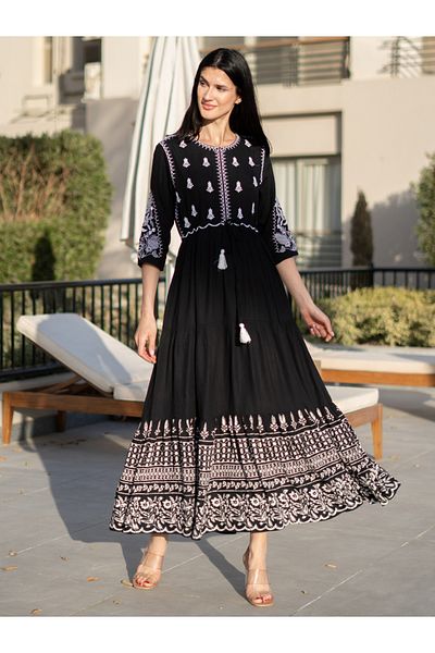 Sanskrutihomes By Styli Floral Print 3/4 Sleeves A-Line Midi Dress with Embroidery