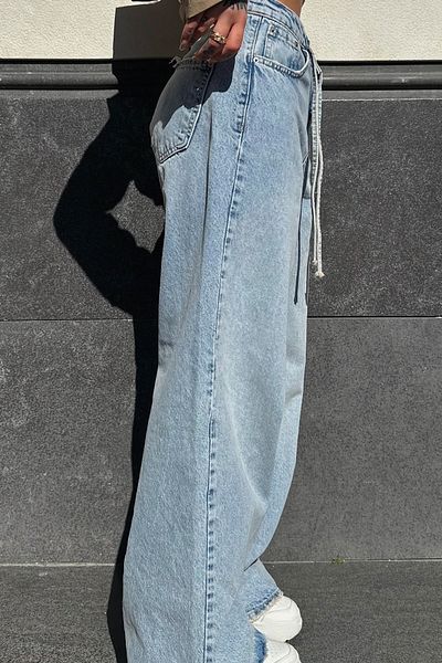 VAGGON Women's Blue Tie-Up Vintage Detailed 5 Pocket Palazzo Jean V00010-A