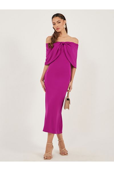 Styli Magenta Off-the-Shoulder Midi Sheath Dress