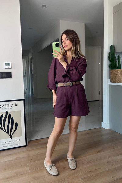 Sue Store Burgundy Premium Belted Linen Shorts