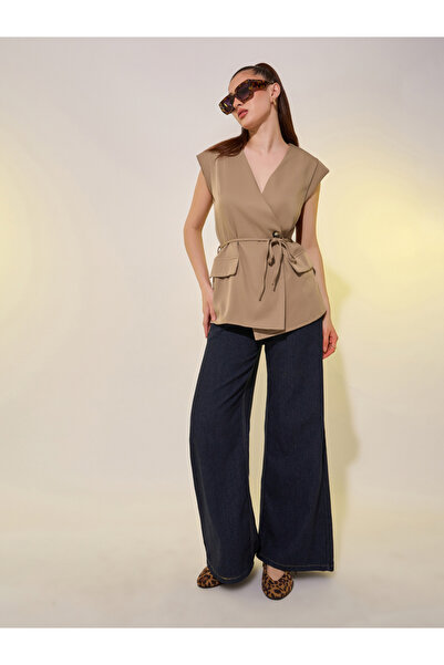 Styli Solid Cap Sleeves Wrap Top with Tie-Up Belt