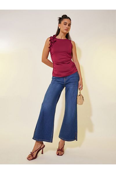 Styli Solid Sleeveless Shoulder Ruffled Detail Top